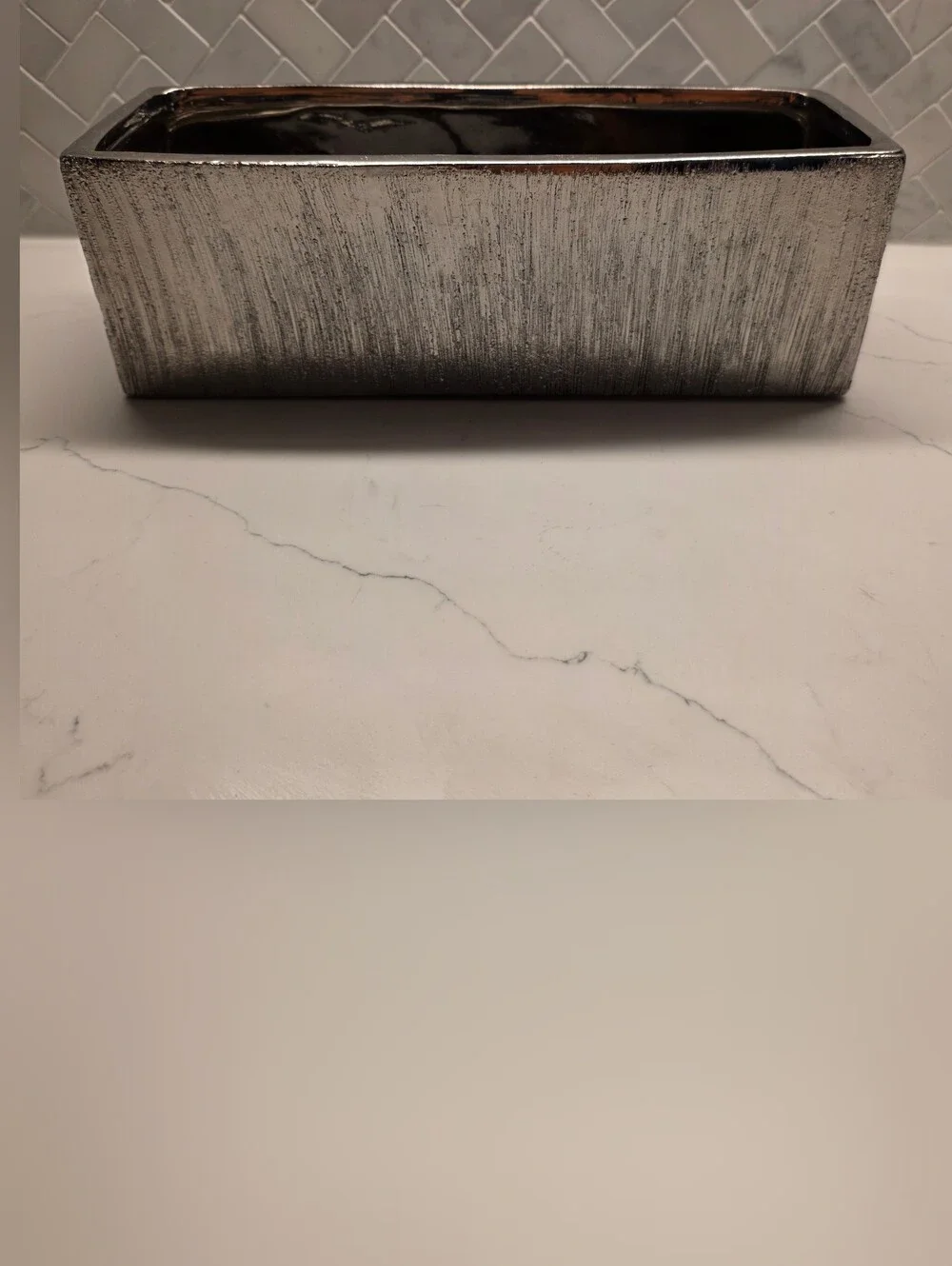 Modern Metallic Silver Ceramic Trough Planter – Textured Rectangular Centerpiece
